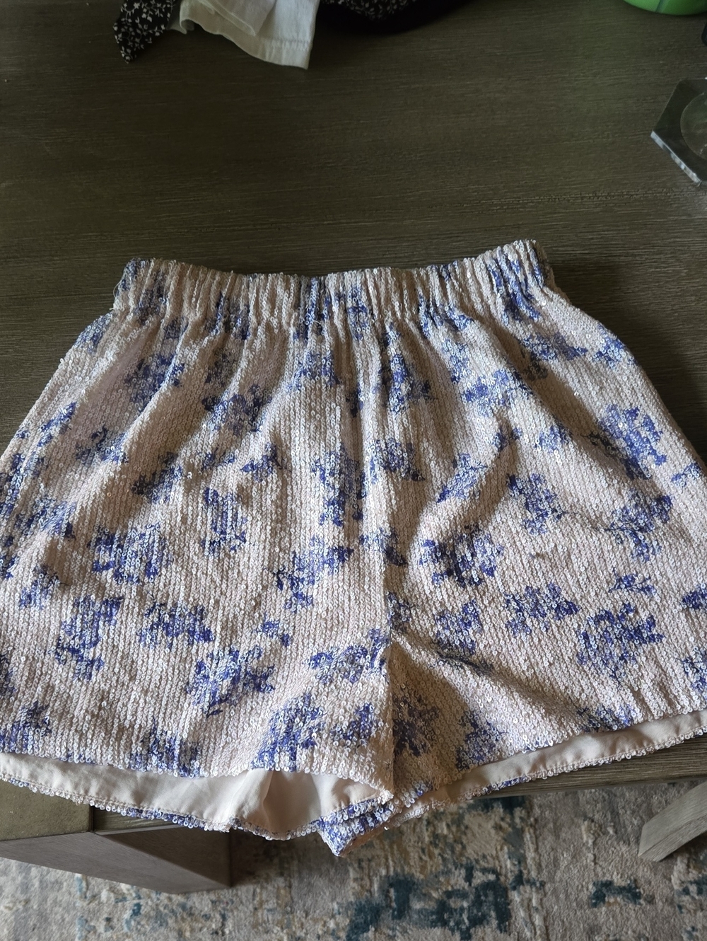 River Island White High-Waist Floral Texture Shorts with Blue Print